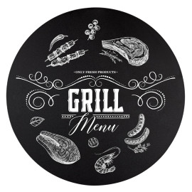 Krijtbord Rond 60 cm – Vooraanzicht met grill menu krijttekening