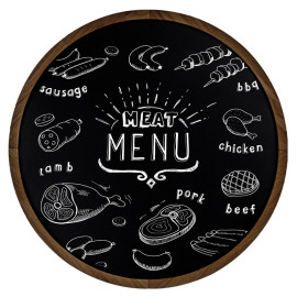 Krijtbord Rond 40 cm Donker Eiken – Vooraanzicht met meat menu krijttekening