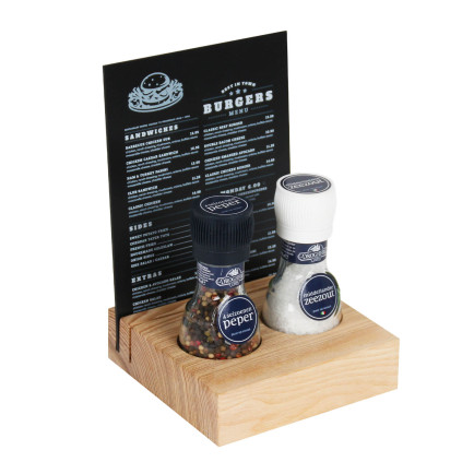 Menukaarthouder BLOC Essen 15x15 cm twee groeven - La Drogeria peper en zout stel